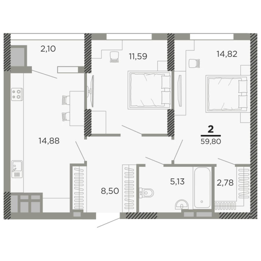 Уютные комфортные 2-х комнатные квартиры в Рязани от застройщика, Северная Компания, 59,8 кв. м. 9 этаж, секция 1Г
